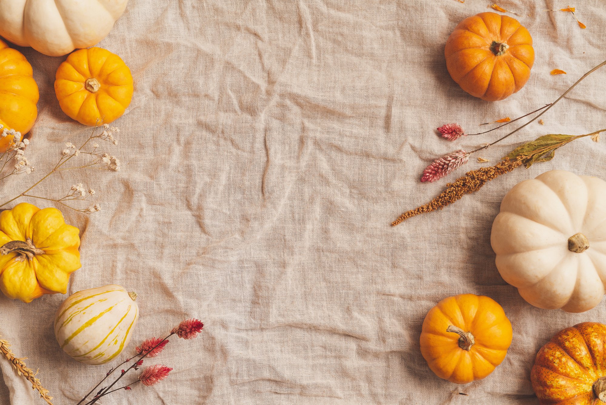 Autumn Pumpkins Flatlay on Fabric